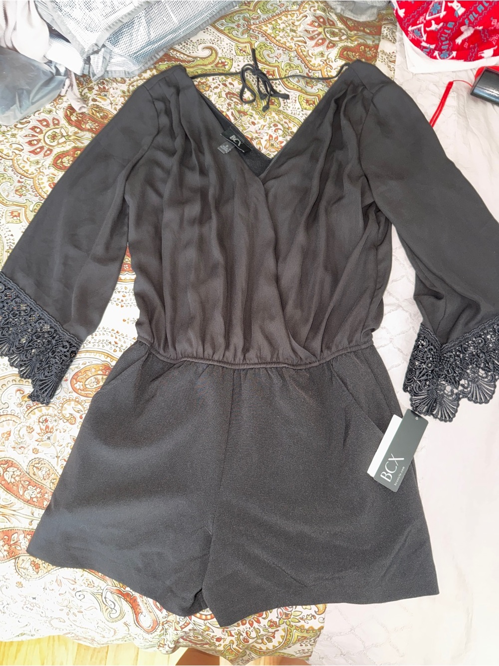BCX Black Lace-Trim V-Neck Mini Romper
